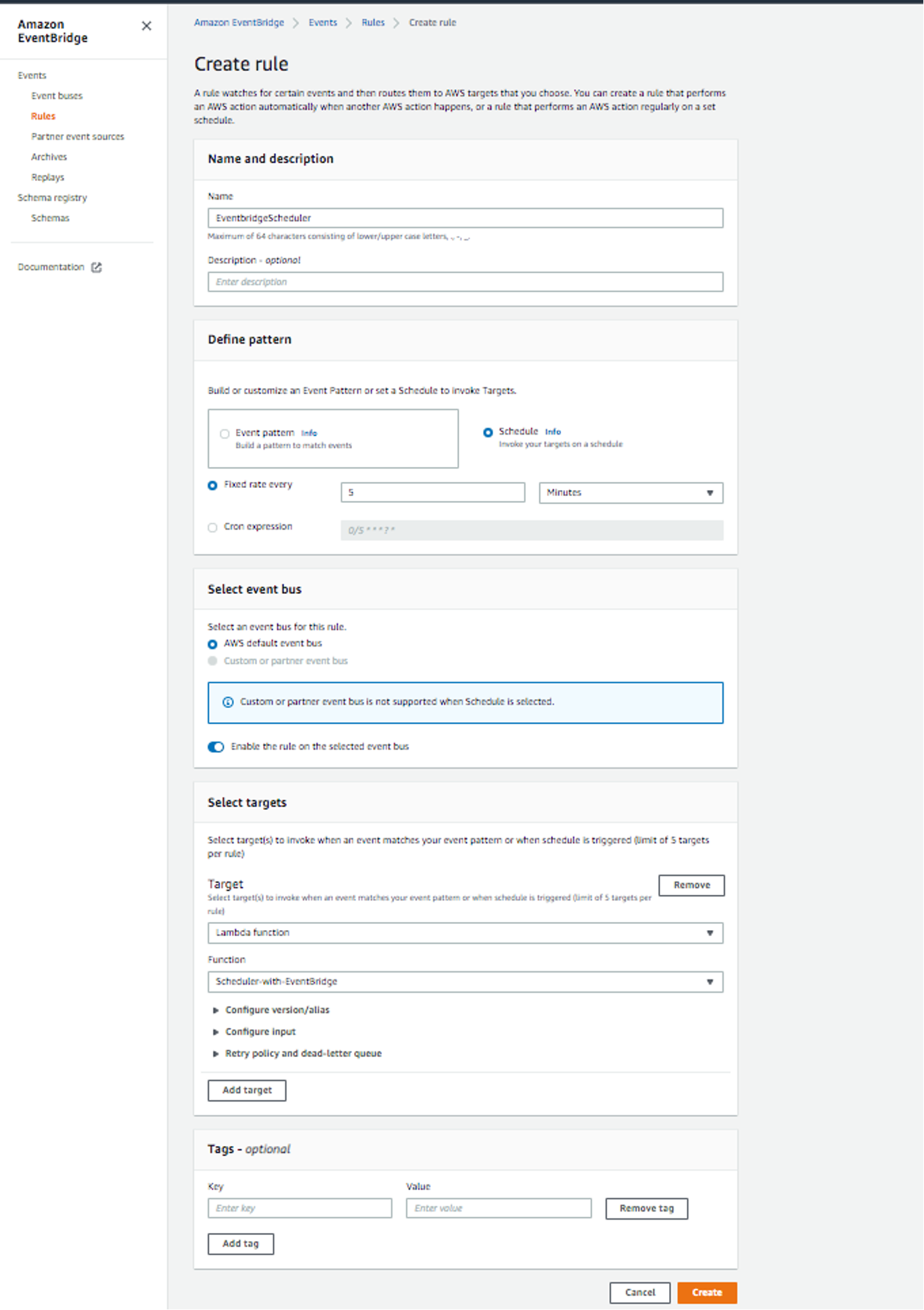 Creating a Rule in the Amazon EventBridge management console